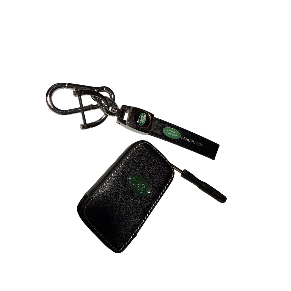 Land Rover Black Leather Key Fob Cover Case and Logo Strap Keychain Set